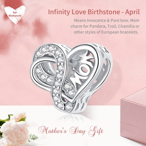 Detail of S925 sterling silver infinity MOM heart charm for April birthstone bracelets