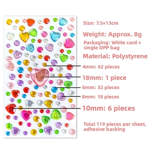 Detail chart of 119 heart and round crystal gem stickers with size specifications