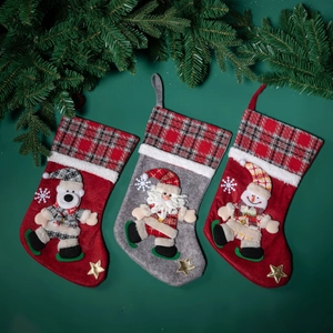Christmas Stockings Felt Fabric 3D Santa Snowman Reindeer Bear Plaid Cuff Hanging Ornaments Holiday Decor Gift Bags