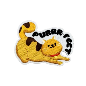 Cute yellow cartoon cat embroidery patch with Purrr-fect text for clothing DIY