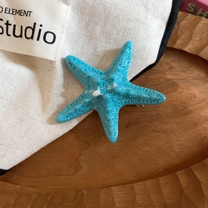 Detailed close-up of a blue starfish hair clip with realistic textures on a tray