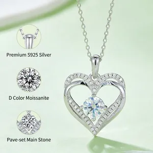 Collier Pendentif Cœur en Argent Sterling 925 Moissanite pour Femme Double Cœur Creux Diamant de Laboratoire Bijoux Cadeau