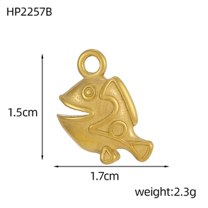 Detailed size specifications of a golden tropical fish pendant with matte finish texture