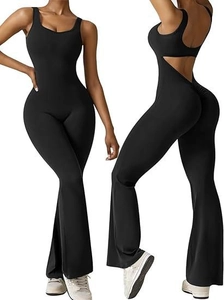 Detailed back view of backless flared jumpsuit with lifting seams and high elasticity
