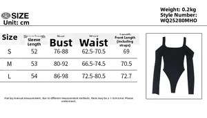 Detailed size chart for the off-shoulder long sleeve bodysuit with precise measurements