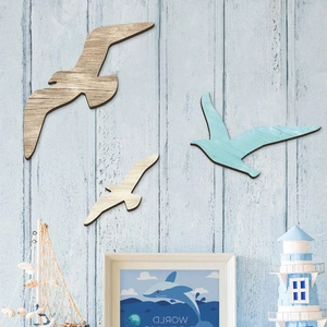 Set di 3 Gabbiani in Legno Decorazione Murale Mediterranea Uccelli Volanti Nautici Ornamenti Appesi per Arte Soggiorno Casa