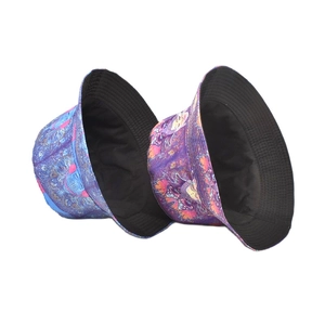 Double-sided bucket hat with psychedelic mushroom and buddha patterns for sun protection