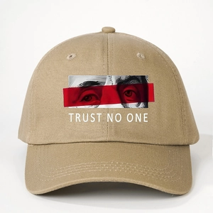 Khaki cotton baseball cap with Trust No One print and realistic eye graphic for outdoors
