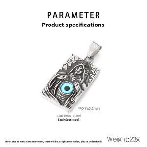 Macro view of gothic skull priest pendant with blue evil eye and dimensions 37x24mm