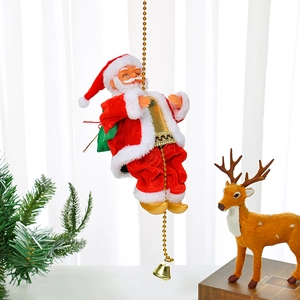 Electric climbing Santa Claus on golden bead chain with gift bag and bell decoration