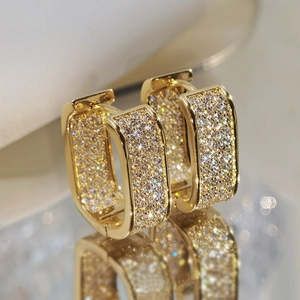 Rectangular Huggie Hoop Earrings Brass With Micro Pave Cubic Zirconia Luxury Fashion Jewelry For Women
