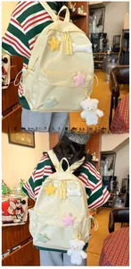 Detail of cream backpack with plush bear charm and star patches in a cozy indoor setting