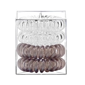 Set of 4 elastic telephone wire hair ties in clear and taupe inside a display box