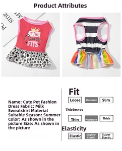 Detail view of pet fashion dress with red crown print and colorful striped skirt