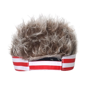 Funny USA flag baseball cap with fluffy brown wig hair for Independence Day party costume