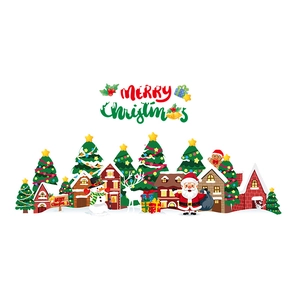 Christmas window decals with Santa Claus, reindeer and snow house in flat vector style