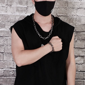 Men's 10mm titanium steel chain necklace and bracelet set shown on model