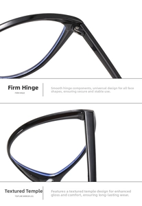 Detail of durable metal hinges and textured black and blue temples on cat eye sunglasses
