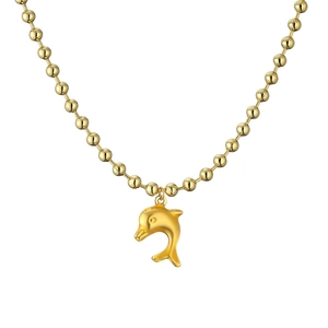 Golden dolphin pendant necklace with beaded chain on white background for ocean style