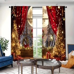 Détail de l'impression 3D de Noël sur rideaux occultants avec sapin doré et lune