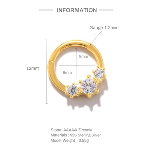 Technische diagram van 925 sterling zilveren piercing ring met maten en 5A zirconia steen