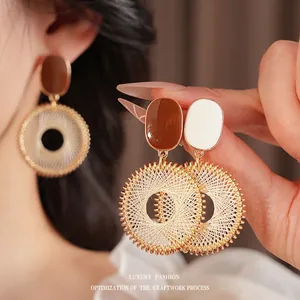 Retro Round Drop Earrings With Silver Earring Post Copper Gold Plated Woven Thread Mesh Pattern Fashion Jewelry For Women