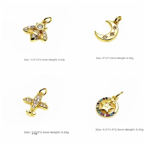 Detail showing dimensions of gold moon bee and plane pendants with zircon inlays
