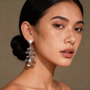 Detail of silver ginkgo leaf drop earrings with white pearl on model with brown background