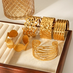 Elegant 18K gold plated stainless steel open bangles with unique textured designs