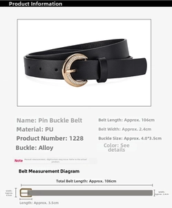 Detail view of black PU leather belt featuring a crescent-shaped rhinestone alloy buckle