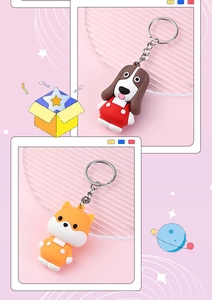 Detailed close-up of cute cartoon dog silicone keychains in stylish polaroid layout