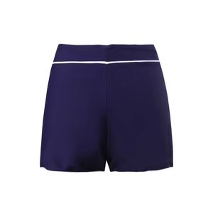 Detail view of navy blue swim shorts featuring white contrast piping and stripe design