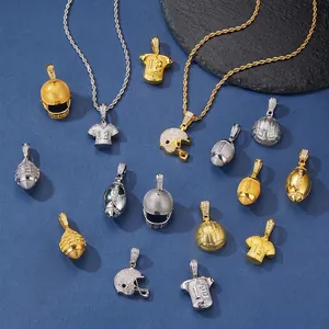 Hip hop sports necklace with gold and silver rugby helmets and basketball pendants