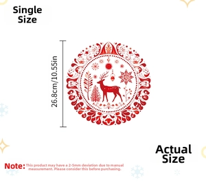Detailed view of red Christmas reindeer wall sticker with 26.8cm diameter specifications