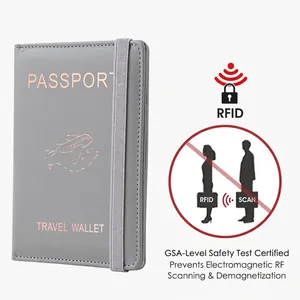 Gray PU leather RFID passport holder with rose gold text and elastic travel security strap