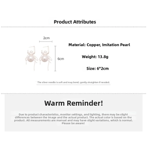 Detailed size and weight chart for bow pearl drop earrings in silver and gold finish