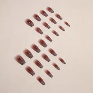 Deep reddish brown to grey-black gradient coffin shaped glossy press-on nails 24pcs set