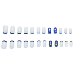 French blue and white press-on nails set with gold star patterns in medium square shape