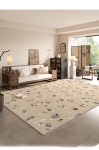 Detailed woven texture of a beige New Chinese style rug with floral leaf patterns