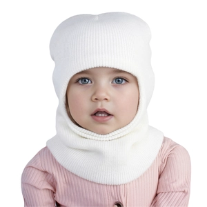 Detail of white knit balaclava for infants featuring premium stitching and warm texture