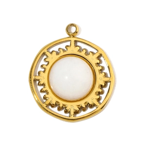Macro view of a gold-plated stainless steel sunburst pendant with a white gemstone inlay
