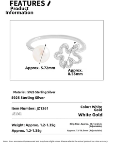 Detailed technical specifications for the S925 silver hollow flower and pearl ring