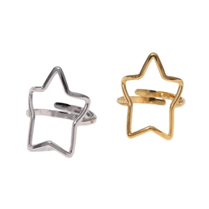 Adjustable stainless steel star-shaped open rings in polished gold and silver finishes