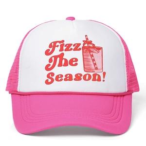 Pink and white trucker hat with Fizz The Season print and adjustable mesh back