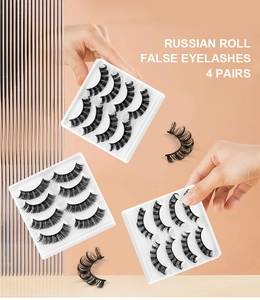 Detailed view of Russian roll false eyelashes with dense curl and natural volume finish