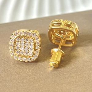 Hip hop style 18k gold plated square stud earrings with micro paved CZ diamonds
