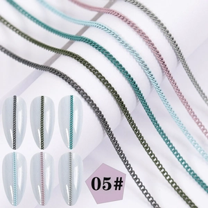 Detail of colorful metallic nail art chains in six colors for creative DIY manicure design