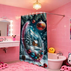 Detail of Christmas shower curtain featuring snowy mountains and festive ornaments