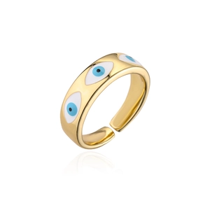 Gold plated evil eye open ring with blue and white enamel patterns on a white background