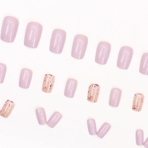Pink glitter and lilac press-on nails set with glossy finish and square-oval shape